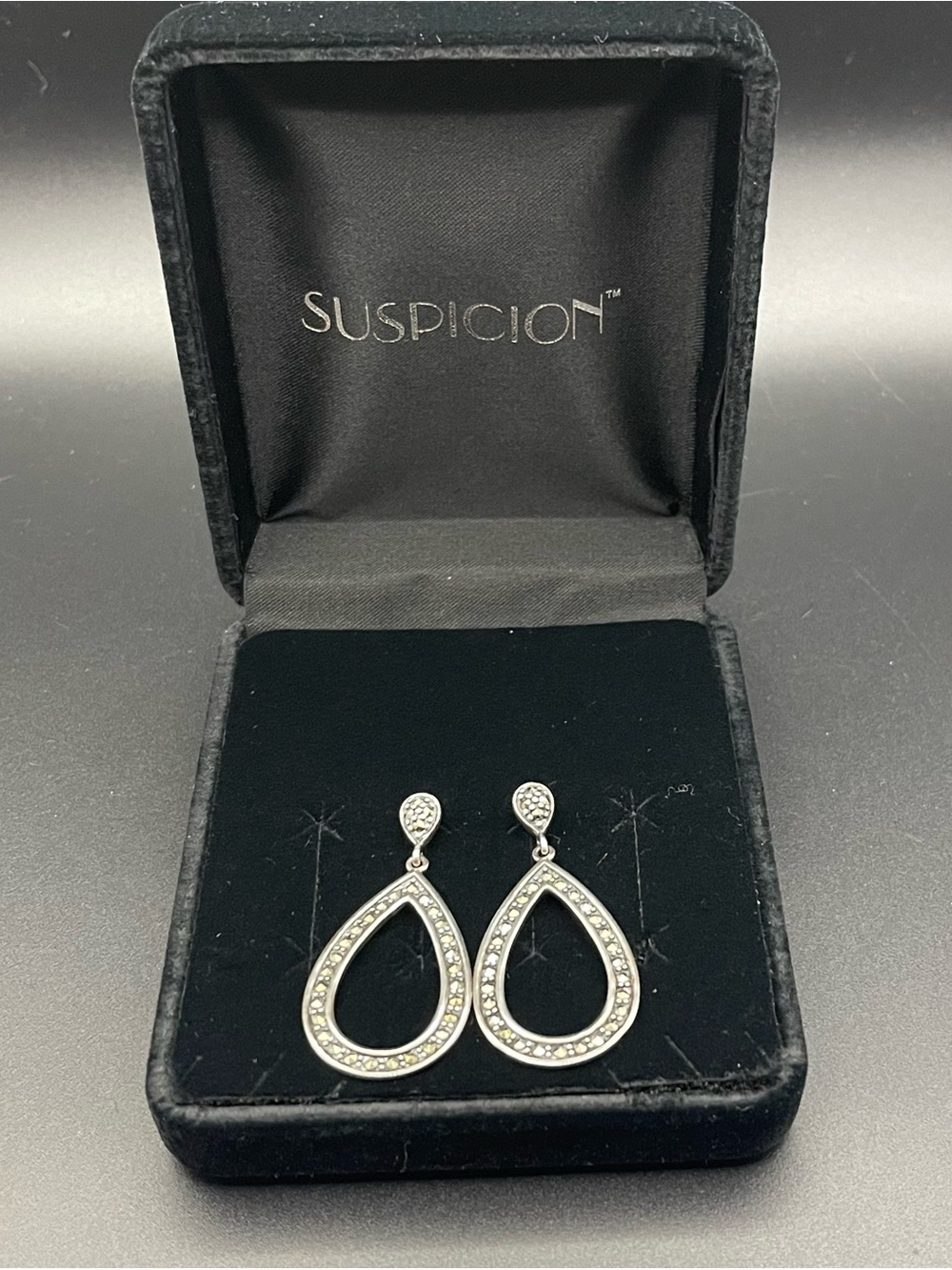 VTG Suspicion Marcacite Open Testdrop Dangle Earrings 925 SS